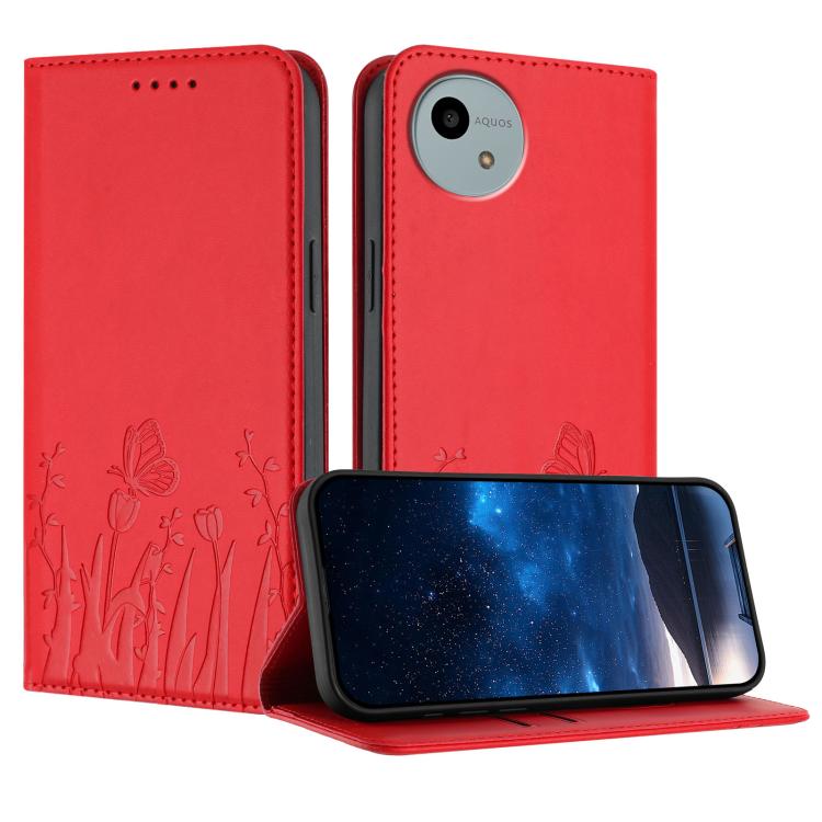 Magnetic vegan leather phone case, red with tulip and butterfly line print