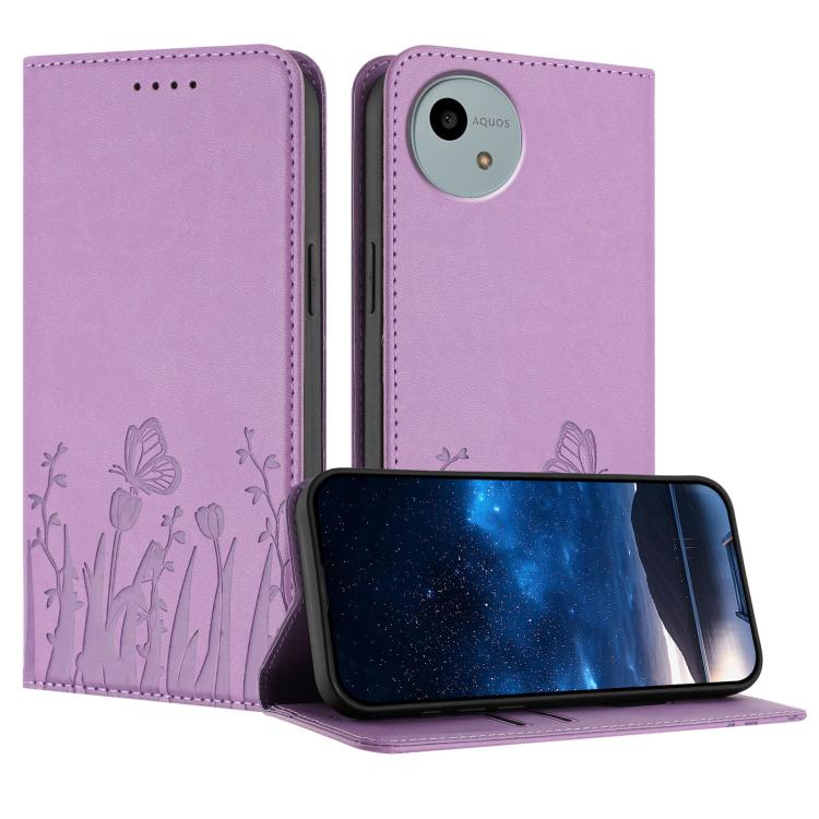 Magnetic vegan leather phone case in light purple with tulip and butterfly pattern, folio flap