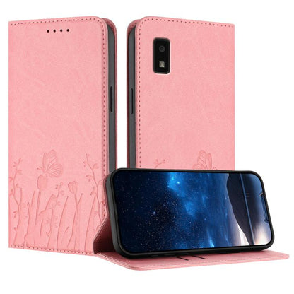 Pink magnetic vegan leather phone case with tulip and butterfly pattern, folio flap