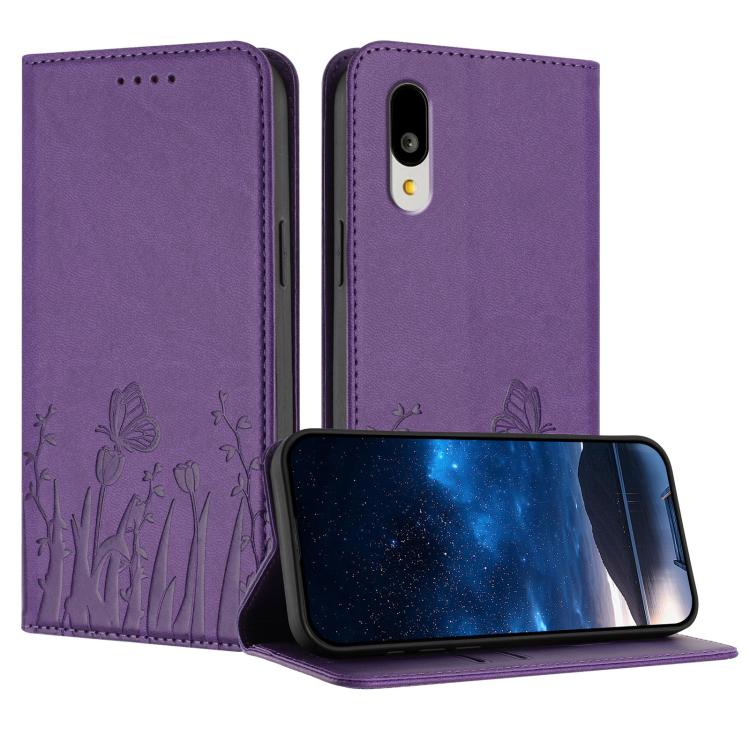 Light purple vegan leather phone case with tulip and butterfly pattern, flip cover