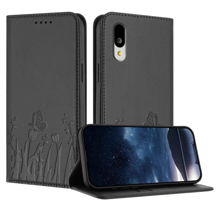 Dark gray vegan leather phone case with tulip and butterfly pattern, flip cover