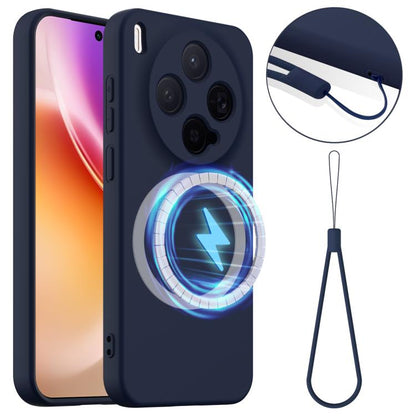 Shockproof silicone phone case with MagSafe ring, navy blue, plus lanyard strap