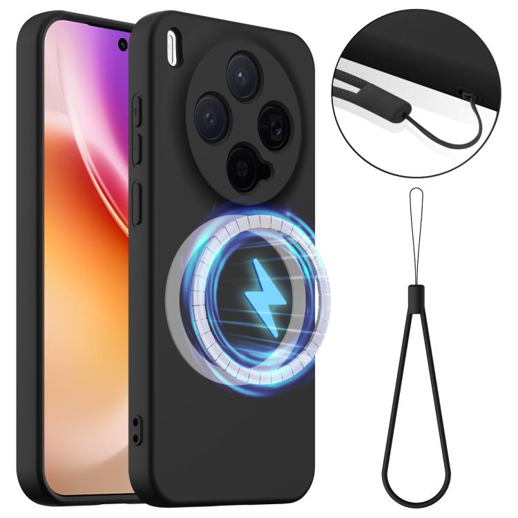 Shockproof silicone phone case with MagSafe ring, black, plus lanyard strap