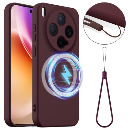 Shockproof silicone phone case with MagSafe ring, plum, plus lanyard strap