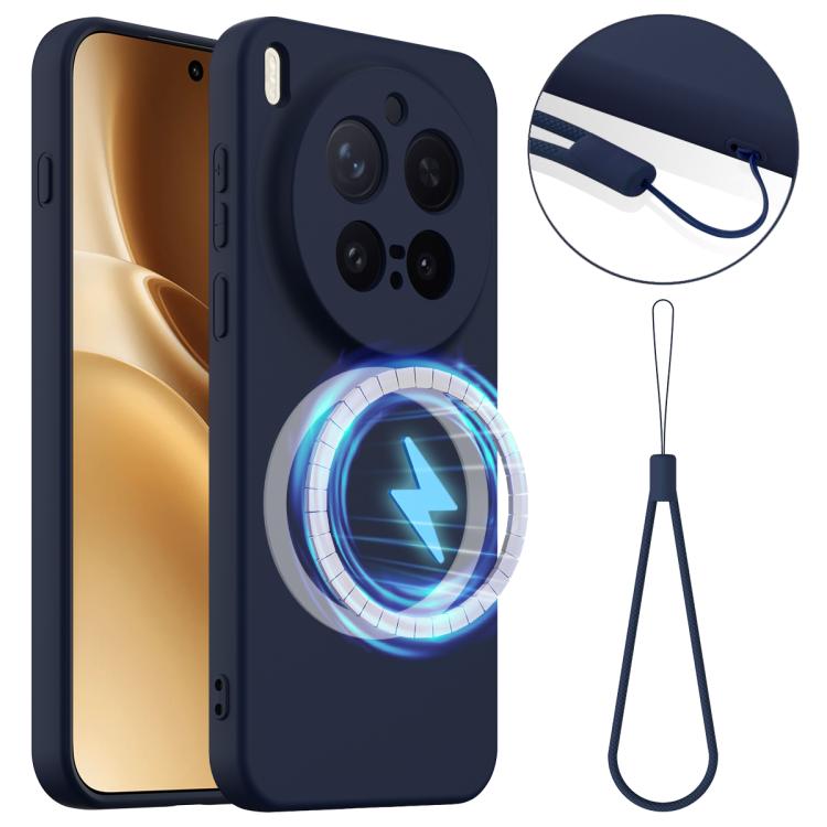Navy blue shockproof silicone phone case with MagSafe charging ring and camera cutouts