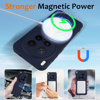 Navy blue silicone phone case with MagSafe ring glow effect and camera openings