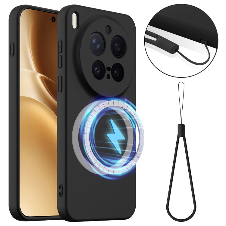 Black shockproof silicone phone case with MagSafe ring and camera openings
