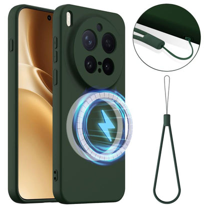 Shockproof silicone phone case with MagSafe ring, dark green, plus lanyard strap