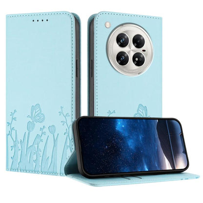 Magnetic folio phone case in light blue vegan leather, tulip and butterfly pattern, camera cutout