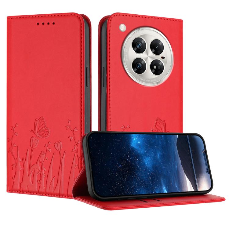 Magnetic folio phone case in red vegan leather, tulip and butterfly pattern, camera cutout