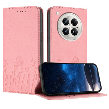 Pink magnetic vegan leather phone case with tulip and butterfly pattern, flip cover