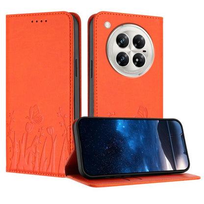 Orange magnetic vegan leather phone case with tulip and butterfly pattern, flip cover