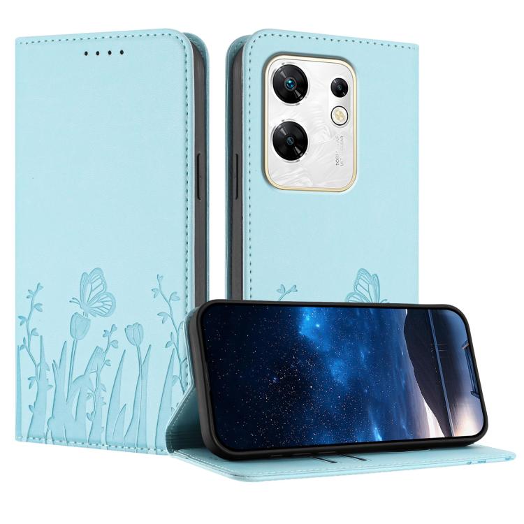Light blue tulip and butterfly magnetic vegan leather phone case with flip cover