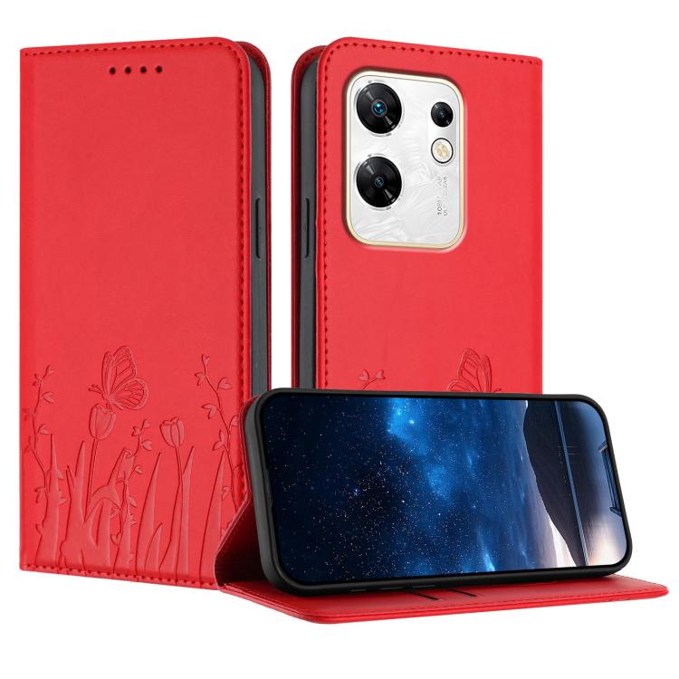 Red tulip and butterfly magnetic vegan leather phone case with flip cover