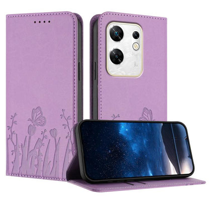 Light purple magnetic faux leather phone case with tulip and butterfly pattern, flip cover