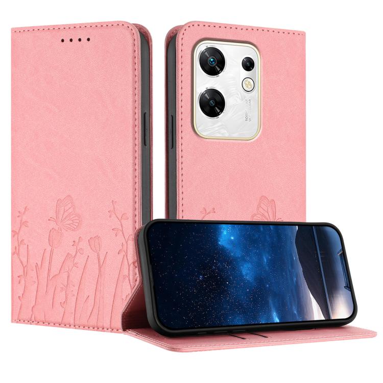 Pink magnetic faux leather phone case with tulip and butterfly pattern, flip cover