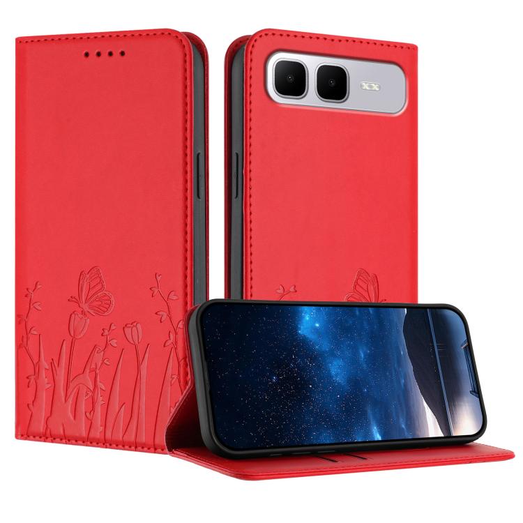 Red magnetic vegan leather phone case with tulip and butterfly pattern, flip cover