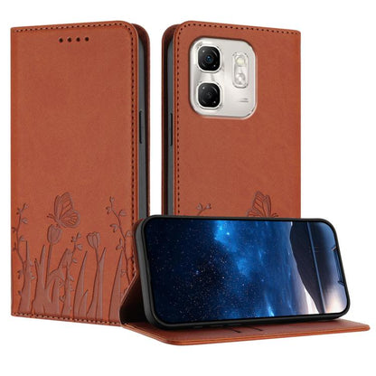 Orange magnetic vegan leather phone case with tulip and butterfly pattern, flip cover