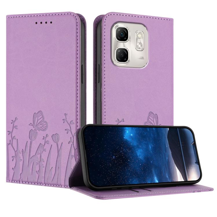 Light purple magnetic vegan leather phone case with tulip and butterfly pattern, flip cover