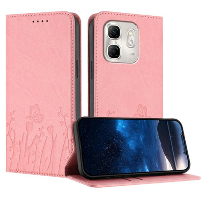 Pink magnetic vegan leather phone case with tulip and butterfly pattern, flip cover