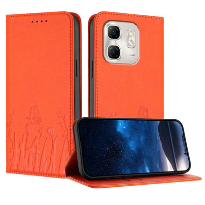 Bright orange magnetic vegan leather phone case with tulip and butterfly pattern, flip cover