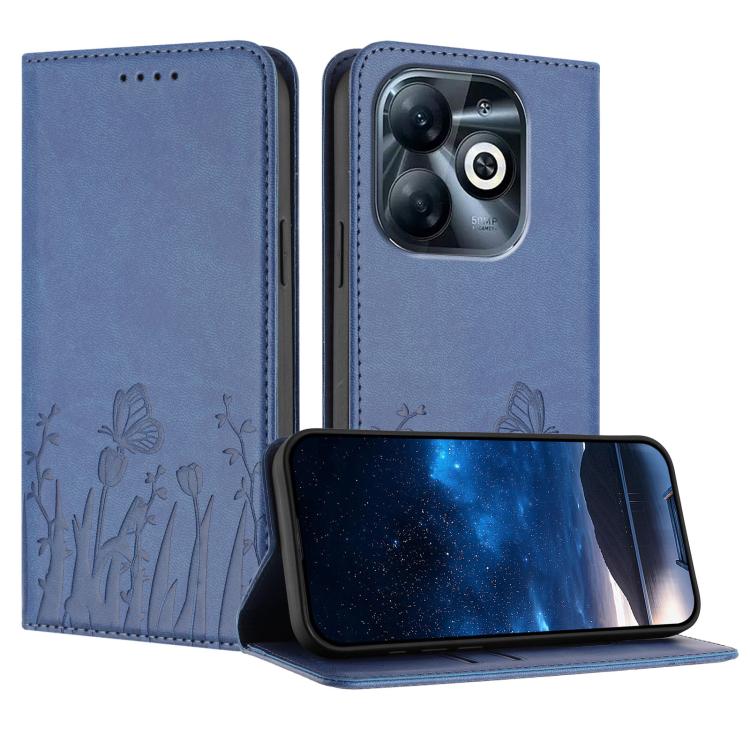 Magnetic vegan leather phone case in slate blue with tulip and butterfly pattern, front cover
