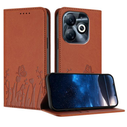 Orange magnetic vegan leather phone case with tulip and butterfly pattern, folio stand