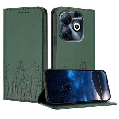 Green magnetic vegan leather phone case with tulip and butterfly pattern, folio stand