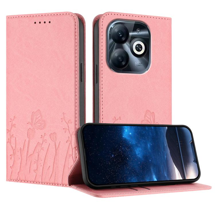 Pink magnetic vegan leather phone case with tulip and butterfly pattern, folio stand
