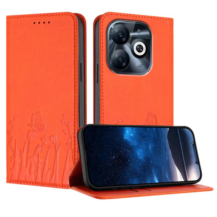 Bright orange magnetic vegan leather phone case with tulip and butterfly pattern, folio stand