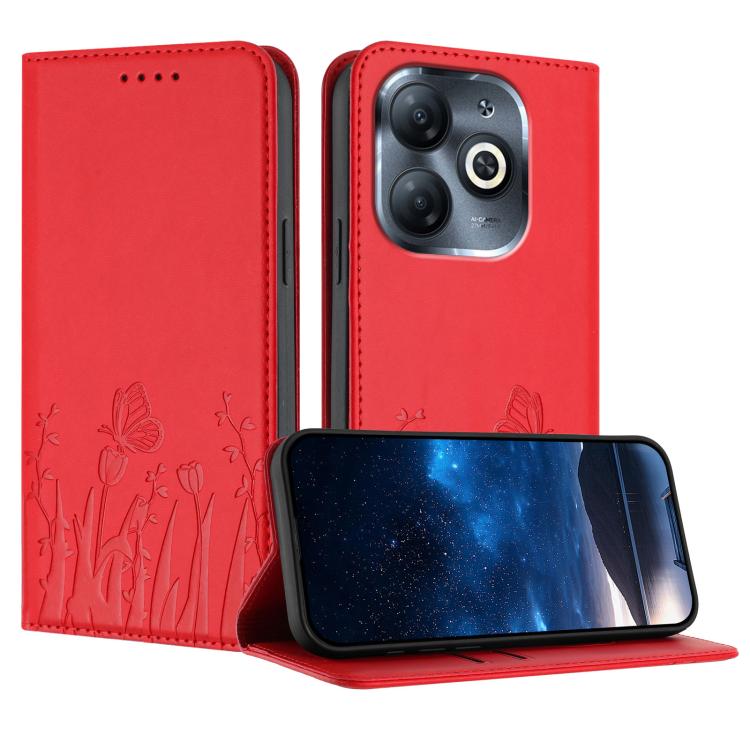 Red magnetic vegan leather phone case with tulip and butterfly pattern, folio stand