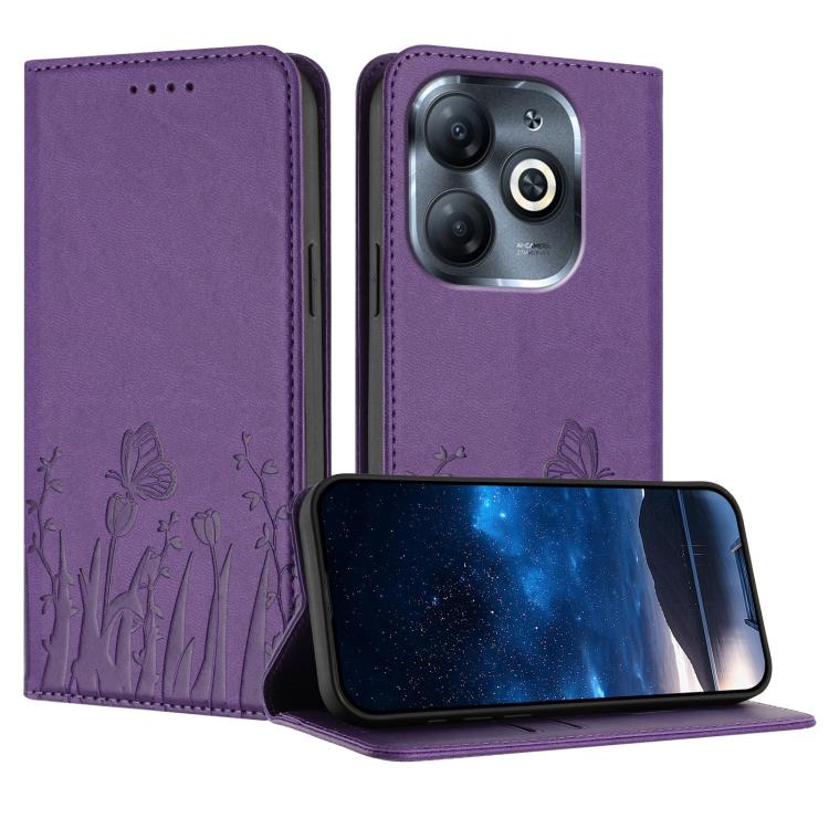 Purple magnetic vegan leather phone case with tulip and butterfly pattern, flip cover stand