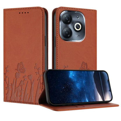 Orange magnetic vegan leather phone case with tulip and butterfly pattern, flip cover stand