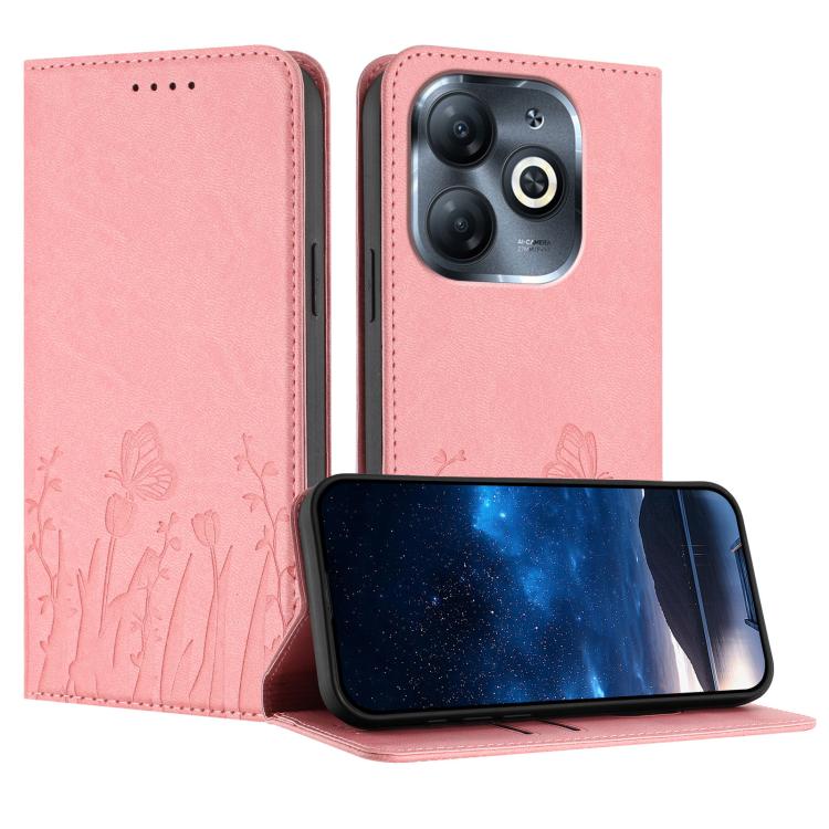 Pink magnetic vegan leather phone case with tulip and butterfly pattern, flip cover stand