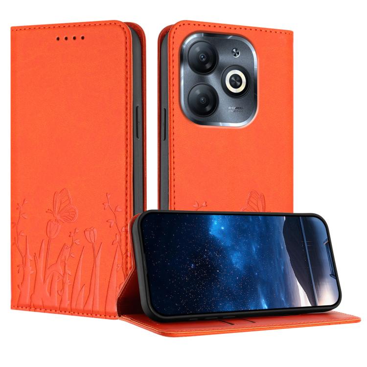 Orange magnetic vegan leather phone case with tulip and butterfly pattern, flip cover stand