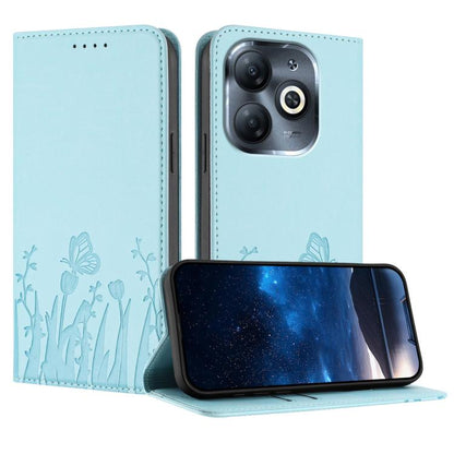 Light blue folio phone case with tulip and butterfly pattern, flip cover, camera cutouts