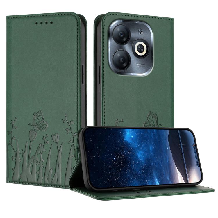 Dark green tulip and butterfly magnetic vegan leather phone case with flip cover