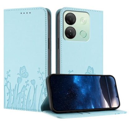 Light blue magnetic vegan leather phone case with tulip and butterfly pattern, flip cover