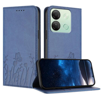 Blue magnetic vegan leather phone case with tulip and butterfly pattern, flip cover