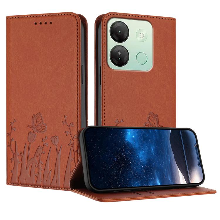 Orange magnetic vegan leather phone case with tulip and butterfly pattern folio