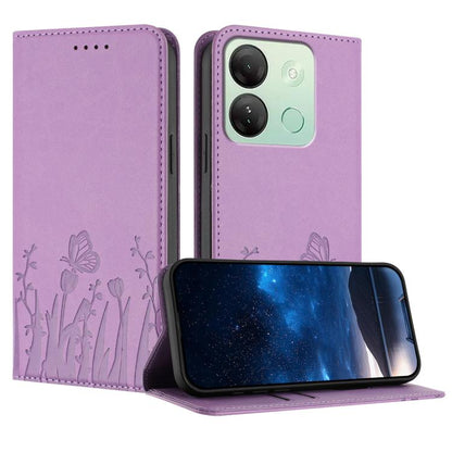 Light purple magnetic vegan leather phone case with tulip and butterfly pattern folio