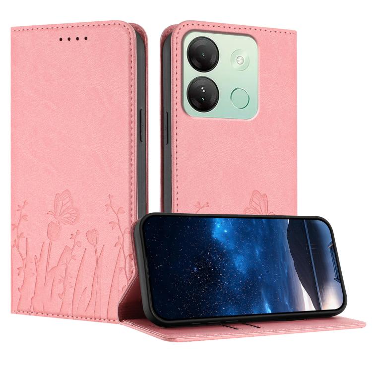 Pink magnetic vegan leather phone case with tulip and butterfly pattern folio