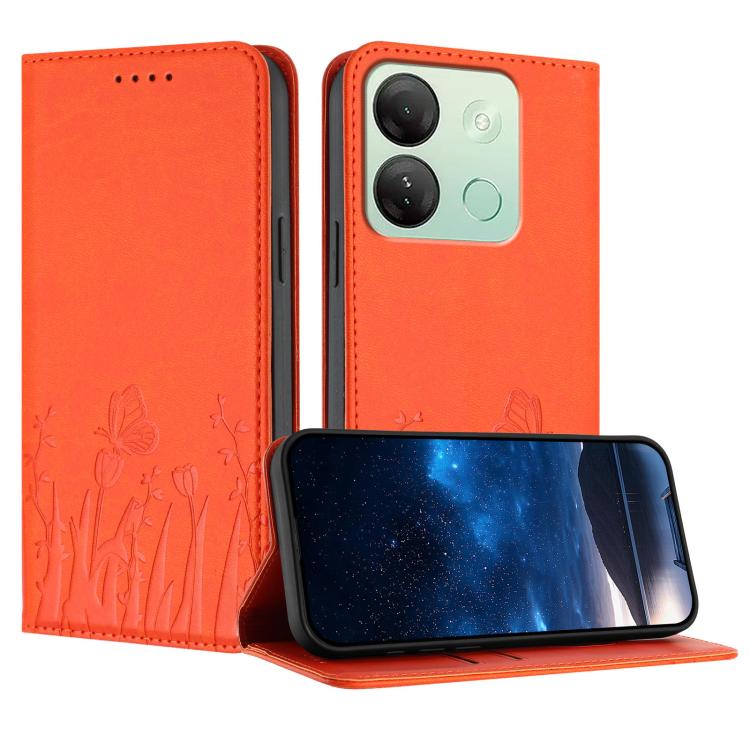 Orange magnetic vegan leather phone case with tulip and butterfly pattern folio