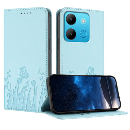 Magnetic vegan leather phone case with tulip and butterfly pattern, light blue flip cover