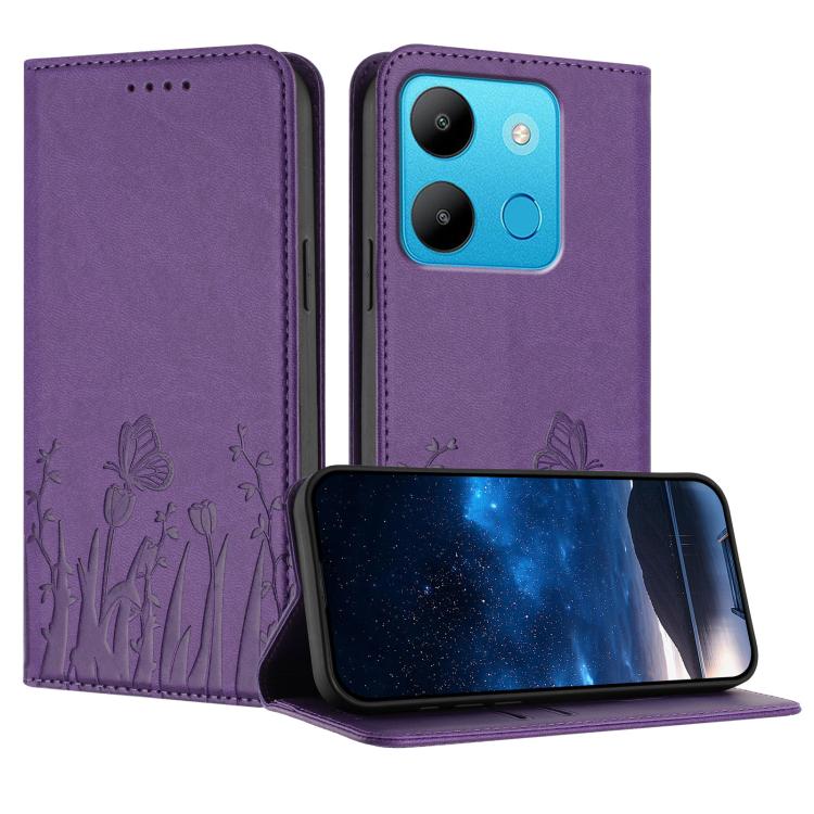 Purple tulip and butterfly folio phone case with magnetic flap, vegan leather style