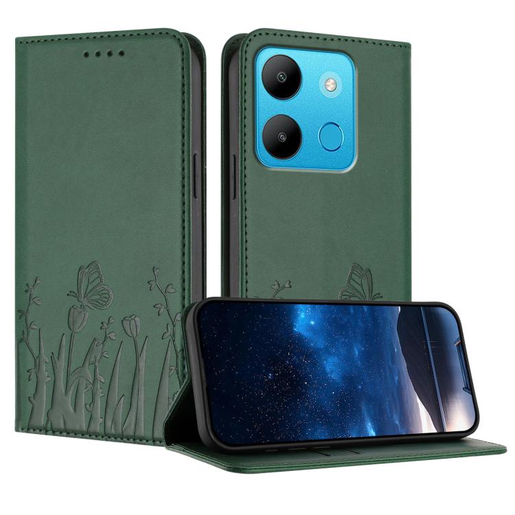 Dark green tulip and butterfly folio phone case with magnetic flap, vegan leather style