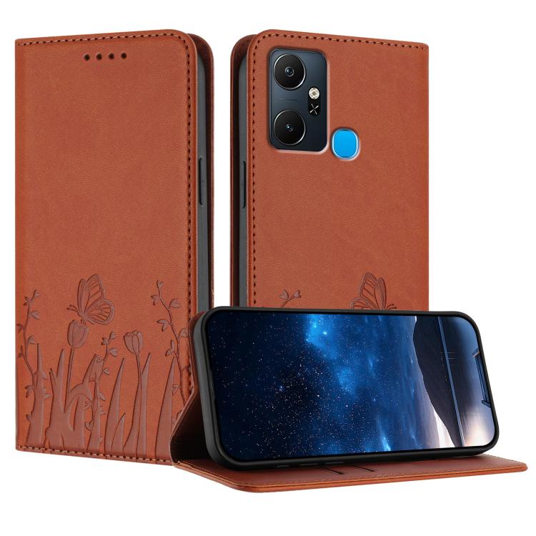 Tulip butterfly-pattern magnetic vegan leather phone case, orange-brown with flap