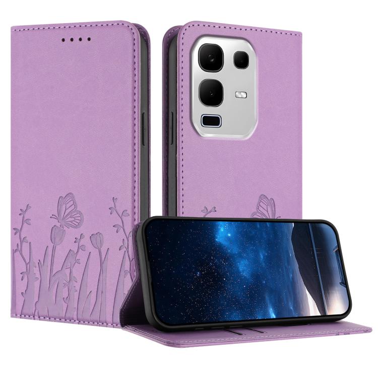 Light purple magnetic vegan leather phone case with tulip and butterfly pattern, card slots, flap
