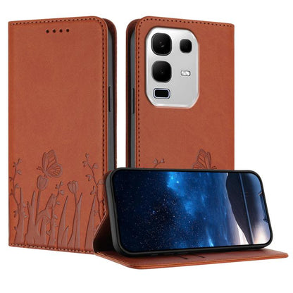 Coffee-brown magnetic vegan leather phone case with tulip and butterfly pattern, folio flap