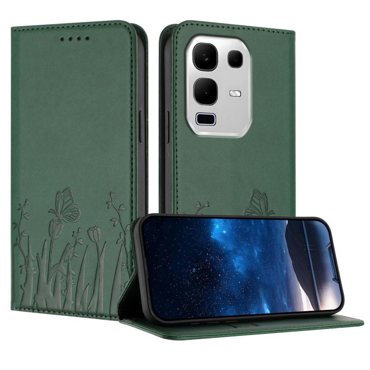 Dark green magnetic vegan leather phone case with tulip and butterfly pattern, folio flap